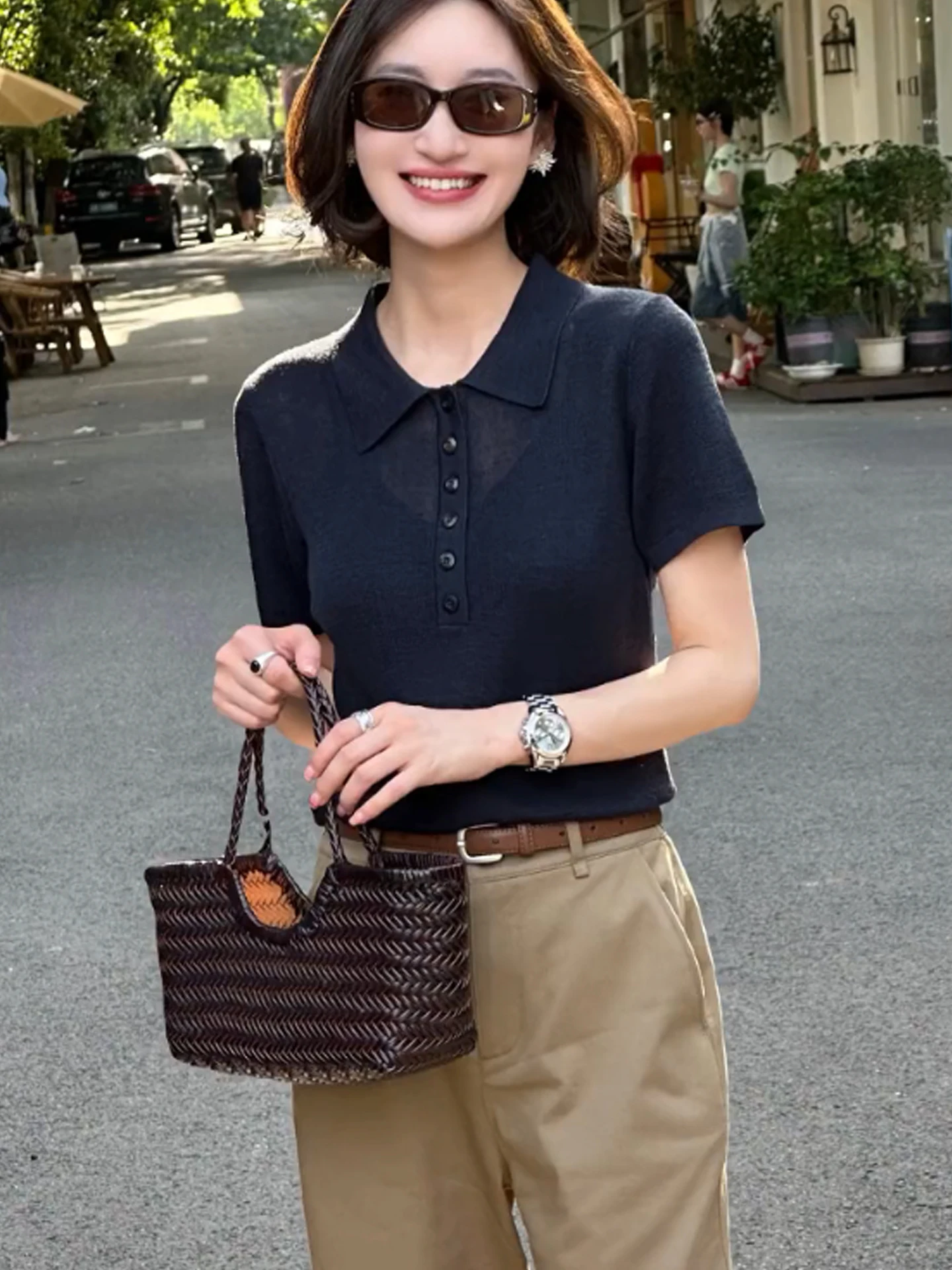 Premium Feel  Color Overhead T-Shirt Fashionable Breathable Summer Short Sleeve Knitted Ice Silk Top Commute Style view 3