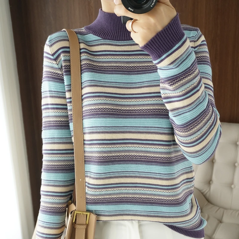 

100% Pure Cotton Thickened Knitted Sweater Women's Overhead Cotton Linen Stripe Long Sleeve Warm Base Layer Top