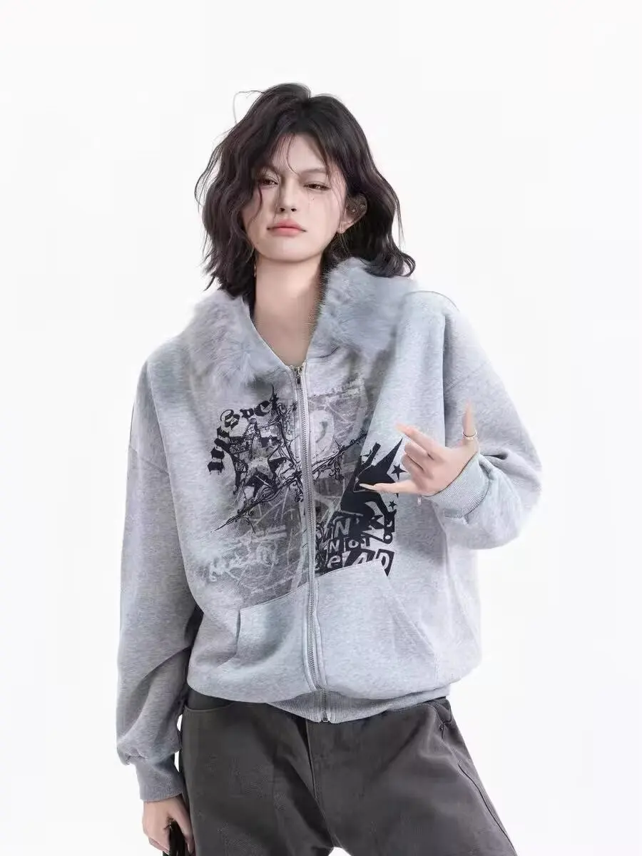 

American retro fur collar zipper cardigan hooded sweatshirt for men and women autumn and winter couple fashion hoodie jacket tre