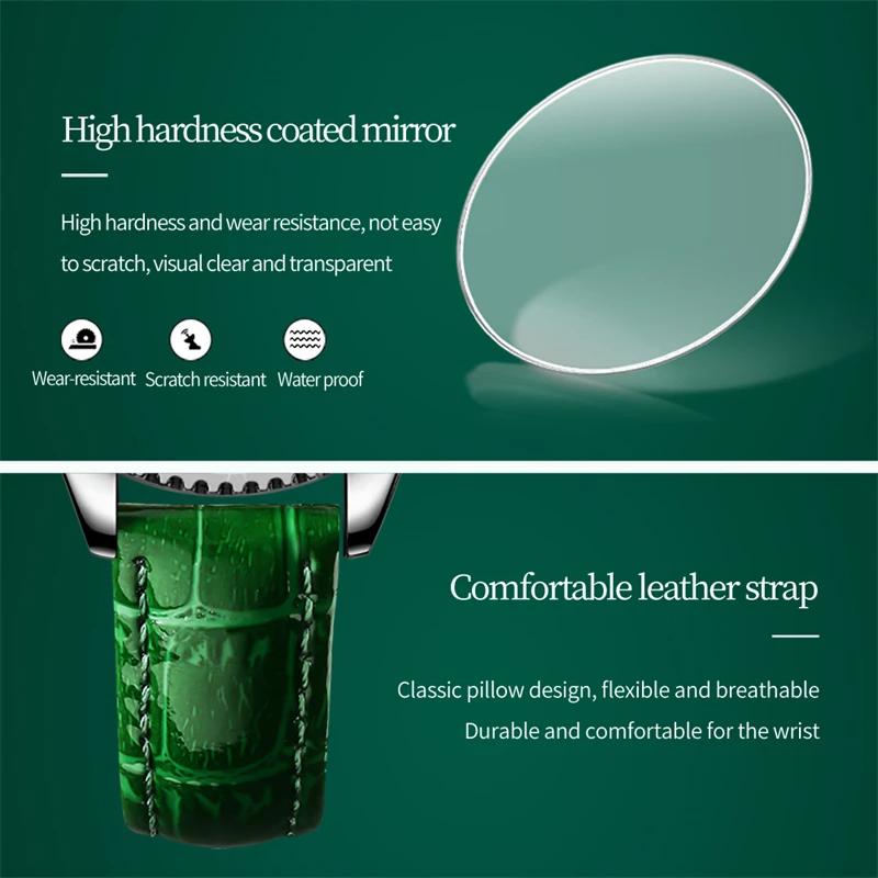 OLEVS jam tangan Quartz wanita antiair, jam tangan wanita kulit hijau, kalender menyala dalam gelap 9945