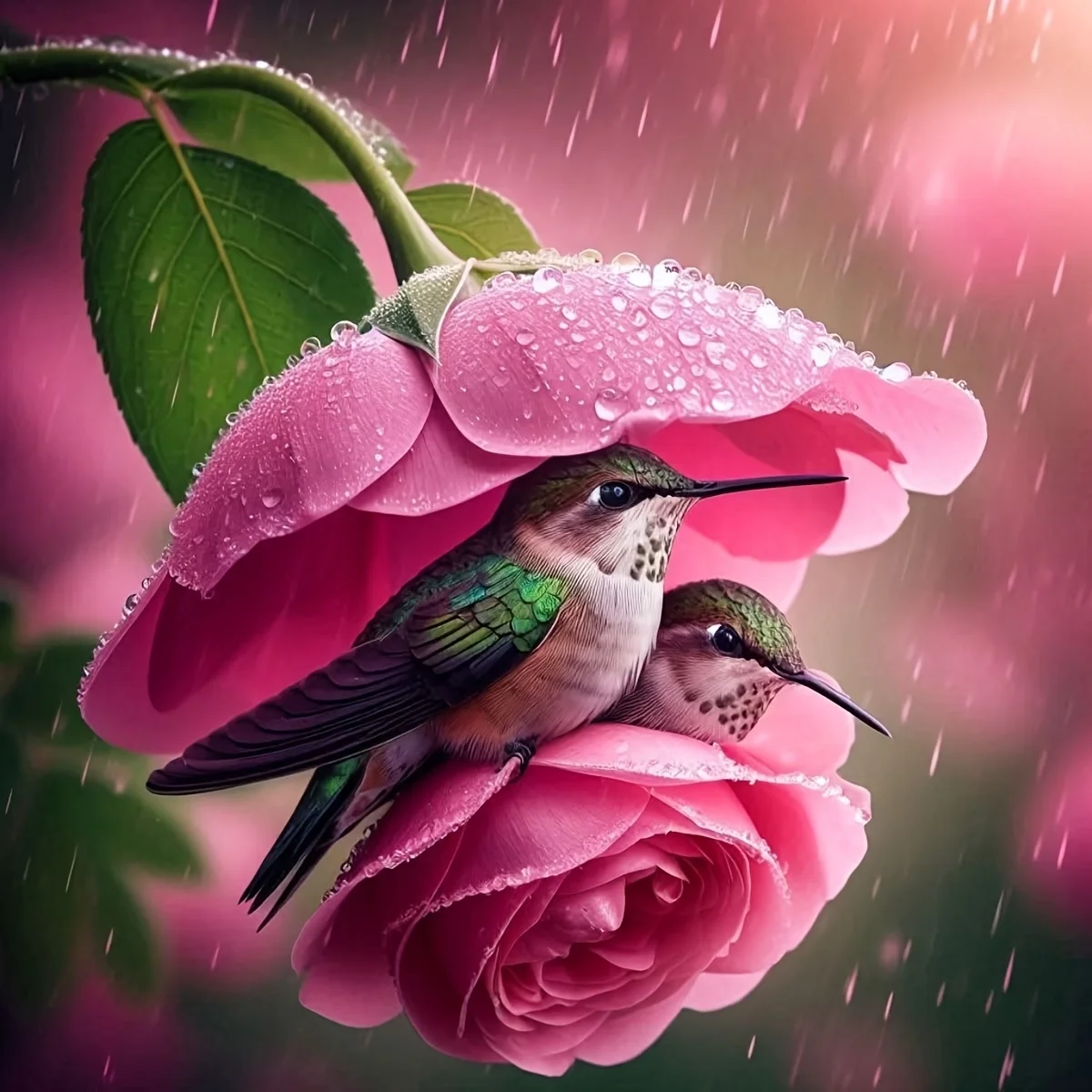 Kolibris im Rosa Rosenregen 5D Diamantmalerei-Set Romantische Valentinstag Wanddekoration für Schlafzimmer Wohnzimmer
