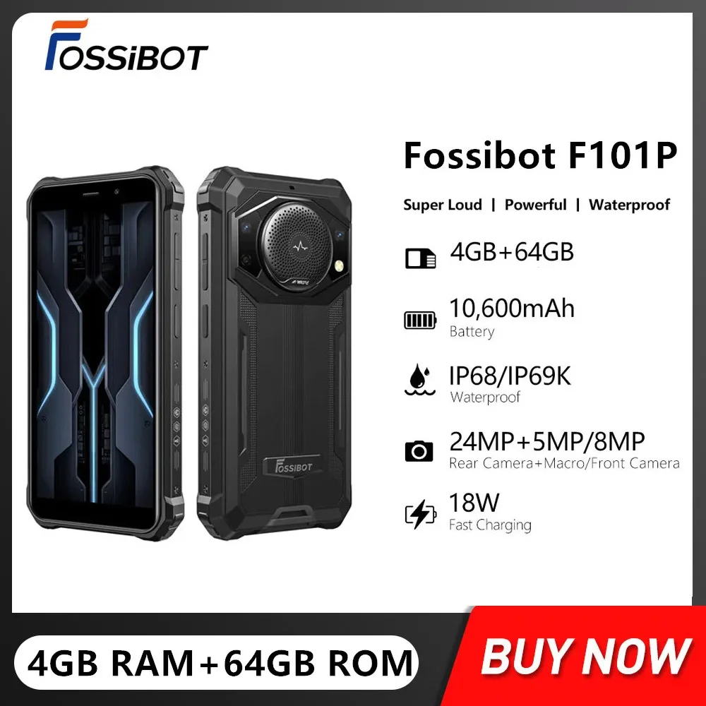 

FOSSiBOT F101P Waterproof Rugged Android 12 Smartphone Octa-core 4GB+64GB 5.45Inch 10600mAh 18W Fast Charge 24MP 4G Mobile Phone