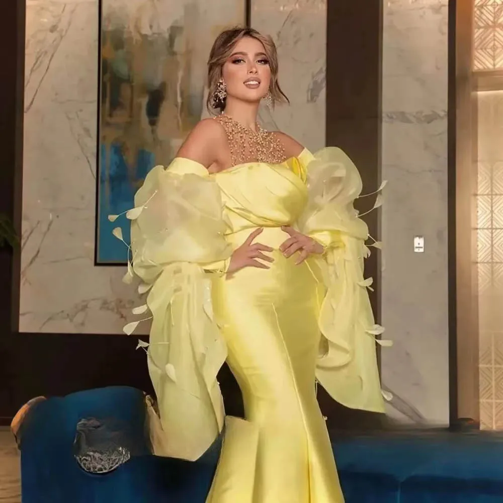 Abiti da sera personalizzati con perle di lusso Dubai Arabo O-Collo Abito da sera da ballo Sirena Maniche lunghe a sbuffo Abiti da ballo formali