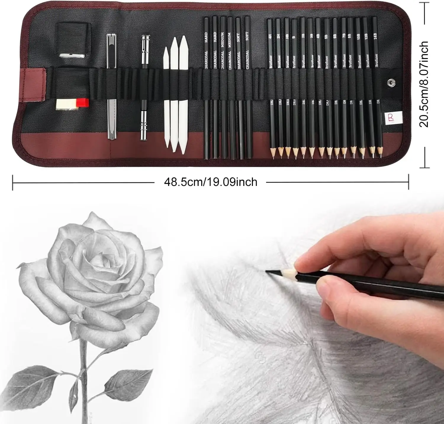 29Pcs Drawing Kit Sketching Pencils Set,Portable Pen Curtain-Charcoal Pencils, Sketch Pencils, Charcoal Stick,Sharpener,Eraser image 4