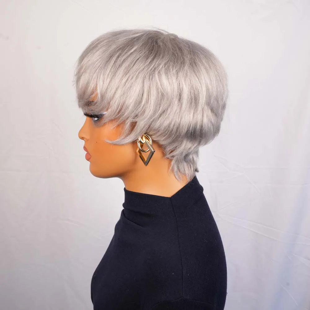 짧은 인모 가발 앞머리 포함 은회색 스트레이트 픽시컷 가발 여성용 레미 인모 기계 제작 가발 일상용