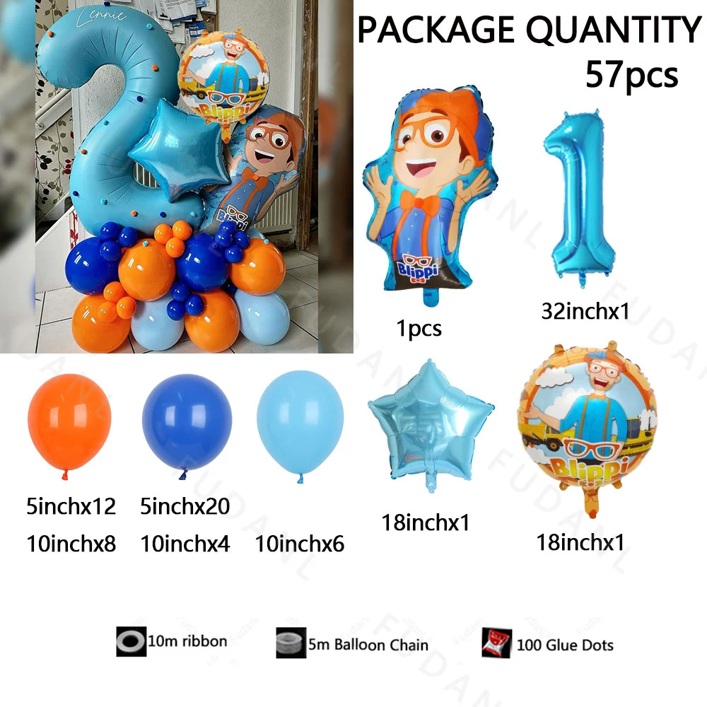 57PCS Blue BLIPPi-themed Birthday Party Balloon Column 32 