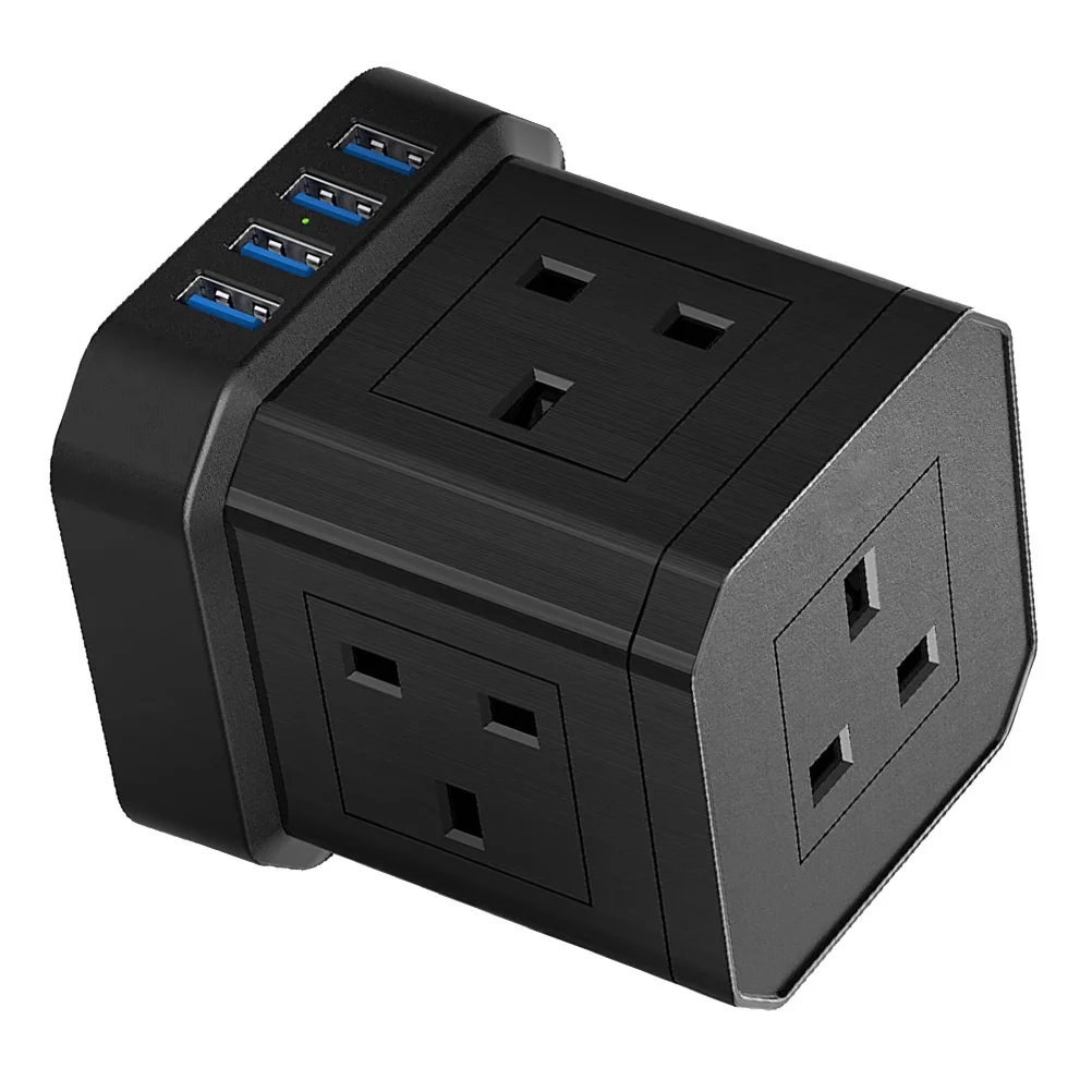 

220-250V Black Extension Cord Multiple Outlets 45 Flat Plug 2m USB Slots Overload Protection Strip