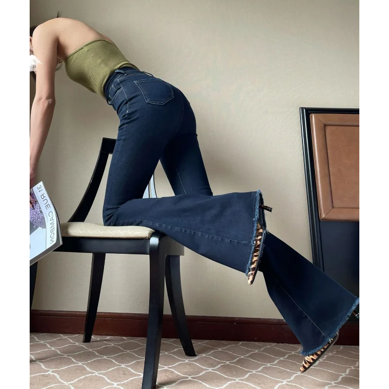 

Women Micro-flare Jeans Cotton Autumn Clothing Ins Long-leg Pants Dark Blue High-waist Slender Trendy Flexible Flare Trousers