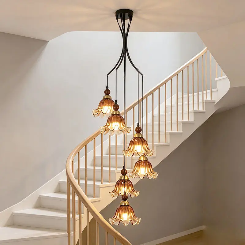 Medieval Staircase Chandelier Lights Lily of the Valley Glass Sconces Restaurant Stair Villa Loft Duplex Building Hanging Lamps