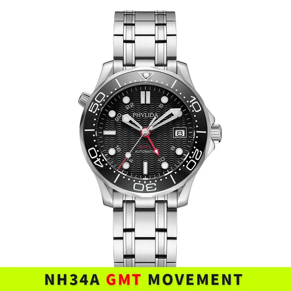 PHYLIDA Montre Homme NH34A Gstuff touristes Temps Noir Vague Cadran existent Montres Saphir Clip 20iko WR SE-BK34