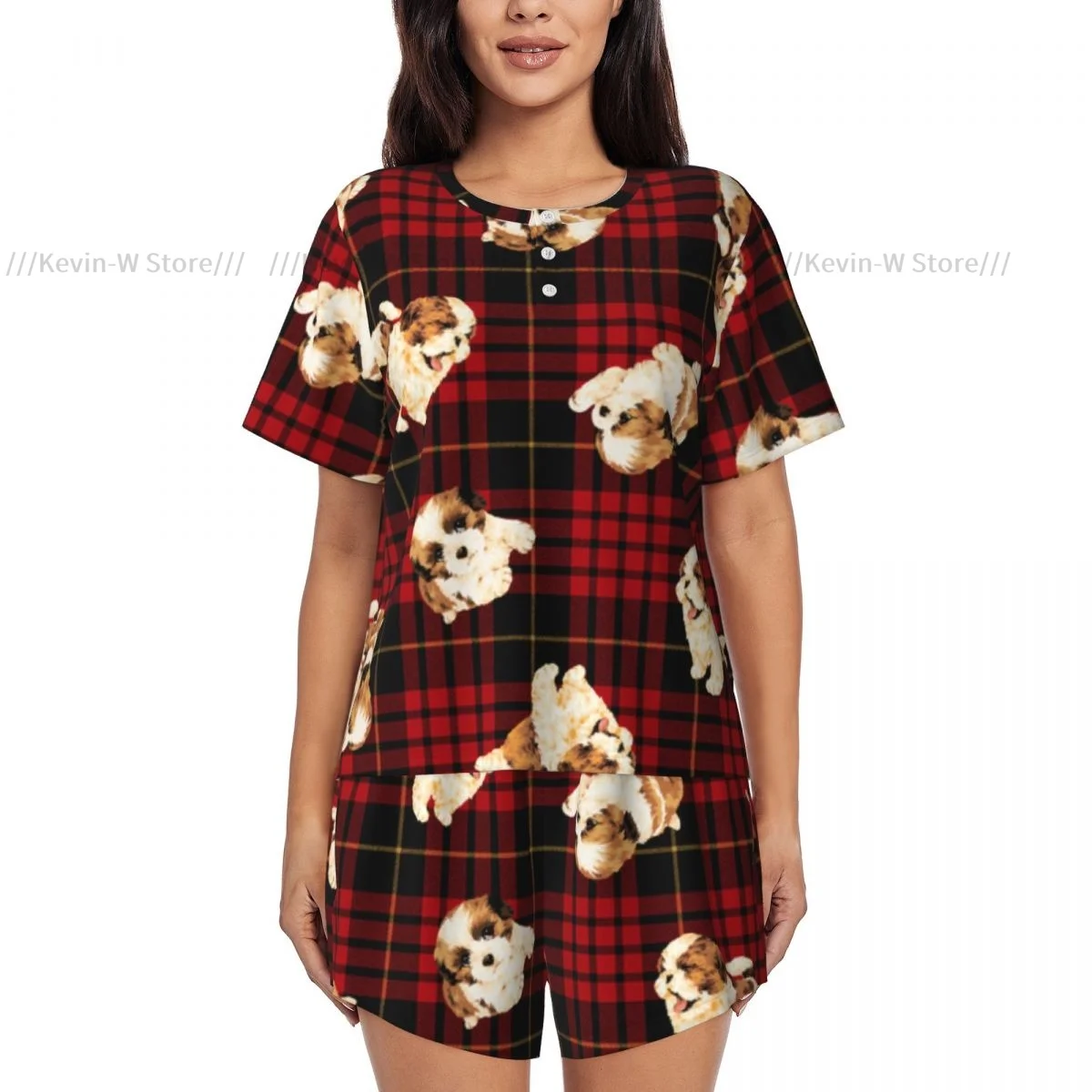 Two piece women's pajama round neck short sleeved T-shirt Cute Dog Plaid Pattern casual home pajama set