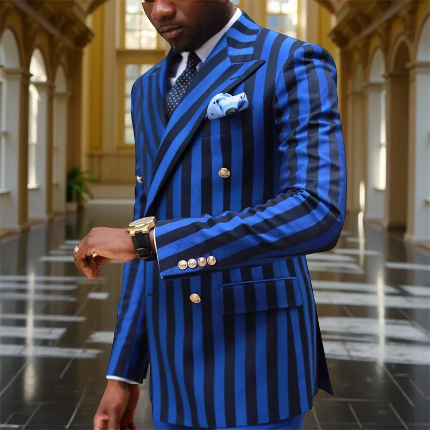 

Двубортный мужской костюм в сине-черную полоску, комплект из двух предметов, повседневная одежда для выпускного вечера, свадьбы, смокинг, костюм, куртка, брюки