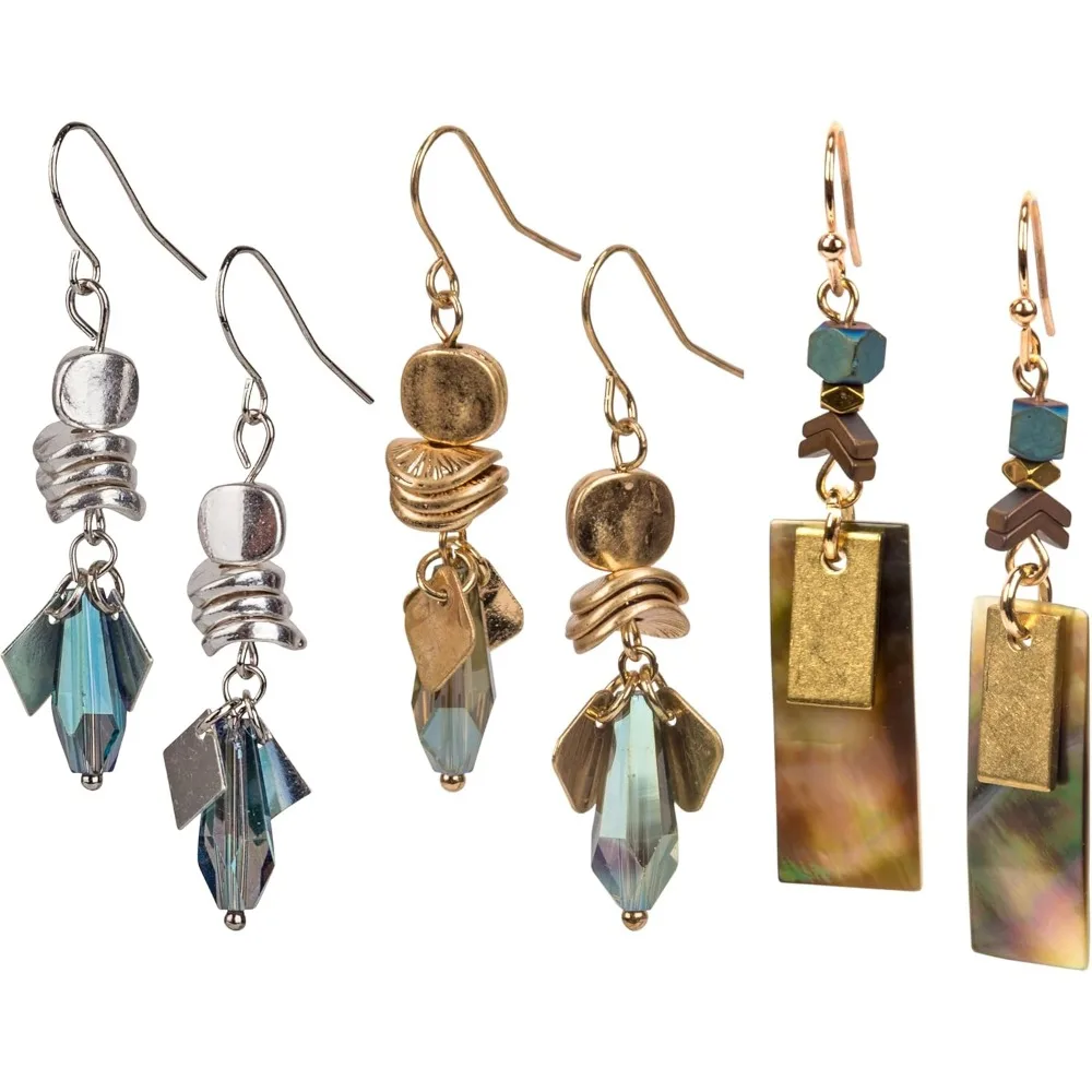 

Two Tone Gold Silver Boho Earrings for Women 3 Pack Shell Faceted Circle Design