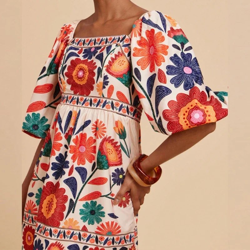 夏エスニックスクエアネック半袖ミニドレスレトロ気質ファッショナブルなプリント折りホリデードレス 2ist A ラインドレス