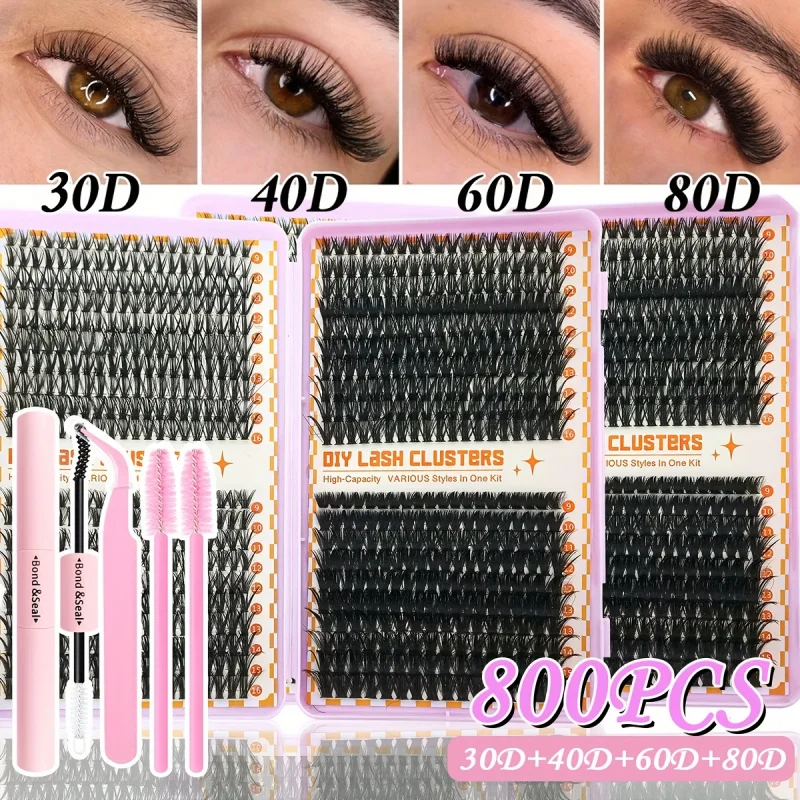 مجموعة مجموعات الرموش 800 قطعة - مجموعة وصلات رموش ذاتية الصنع مع غراء وملاقط، رموش فردية 9-16 مم بطول مختلط 30D/40D/60D/80D #1