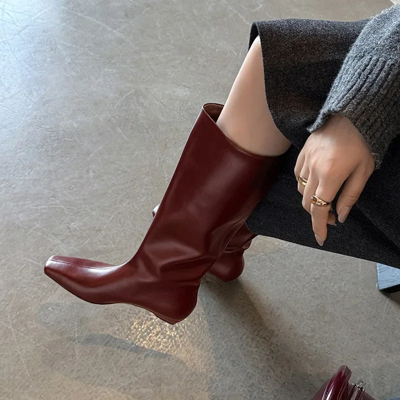 

Autumn simple style cowhide Wedge Modern boots Square toe slip-on Low heel Knee high boots Large size Boots