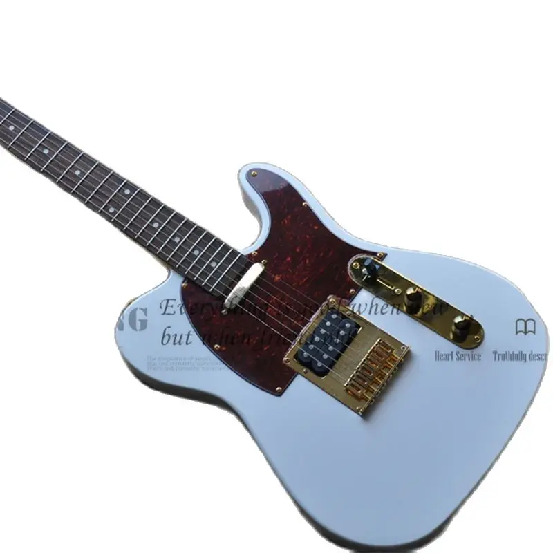 White Electric Guitar Tele Guitar Basswood Body Maple Neck Fixed Bridge Gold Tuners Red Tortoise Shell Pickups