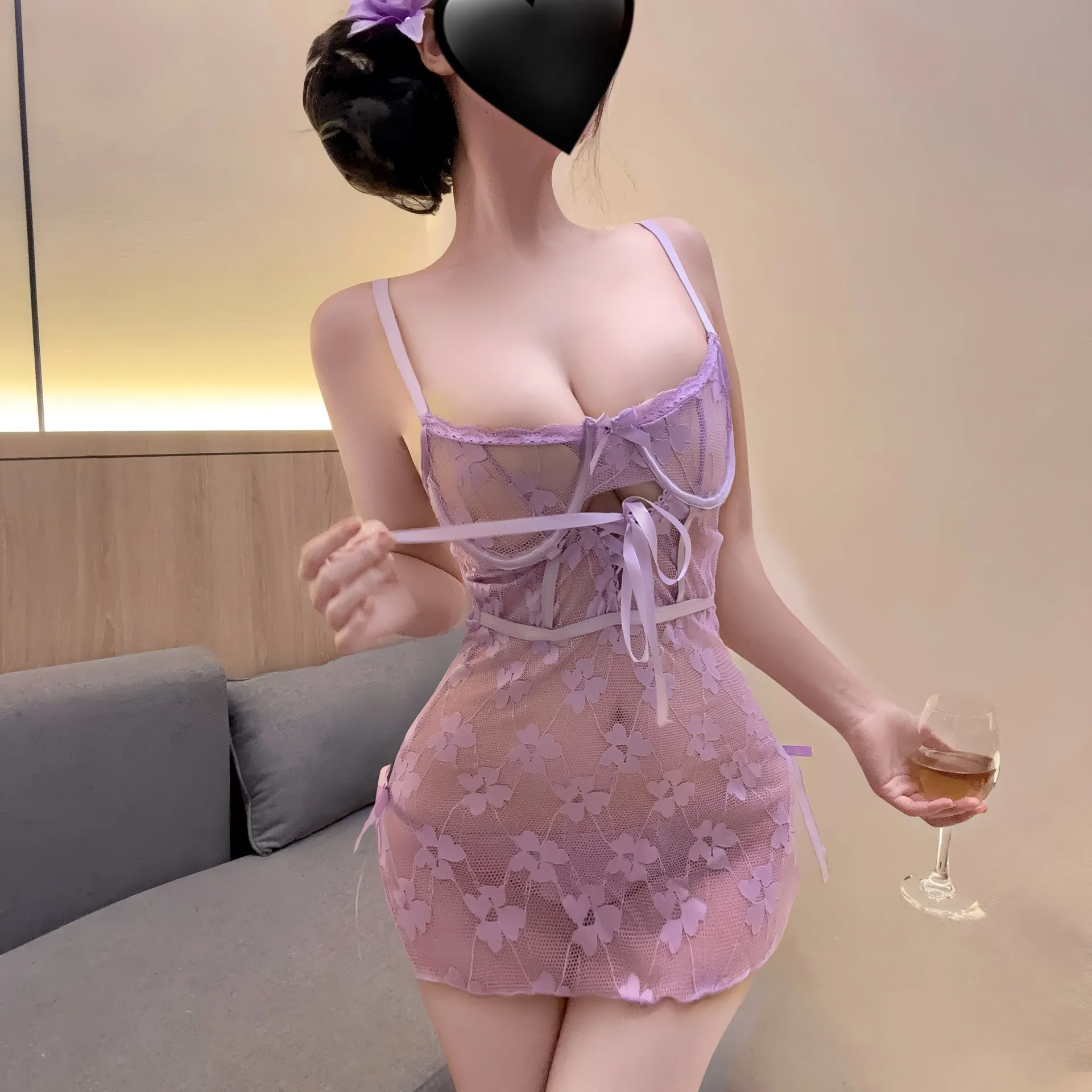 Sexy vestido de noite para mulheres luz roxo bodycon saia arco renda oco camisola romântico suspender vestido pijamas sexy camisola