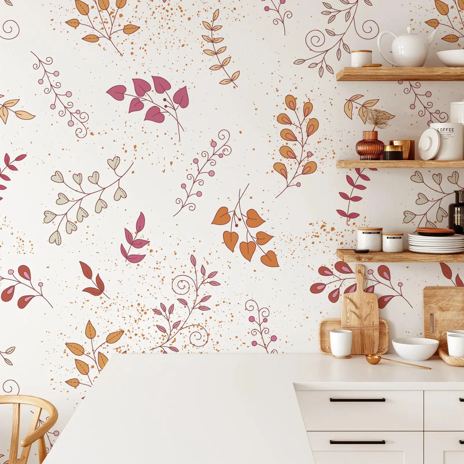 Colorful Leaf Branches Line Art Peel & Stick Wallpaper, Vintage-inspired Autumn Leaves Wall Mural,Self-adhesive Or Traditional