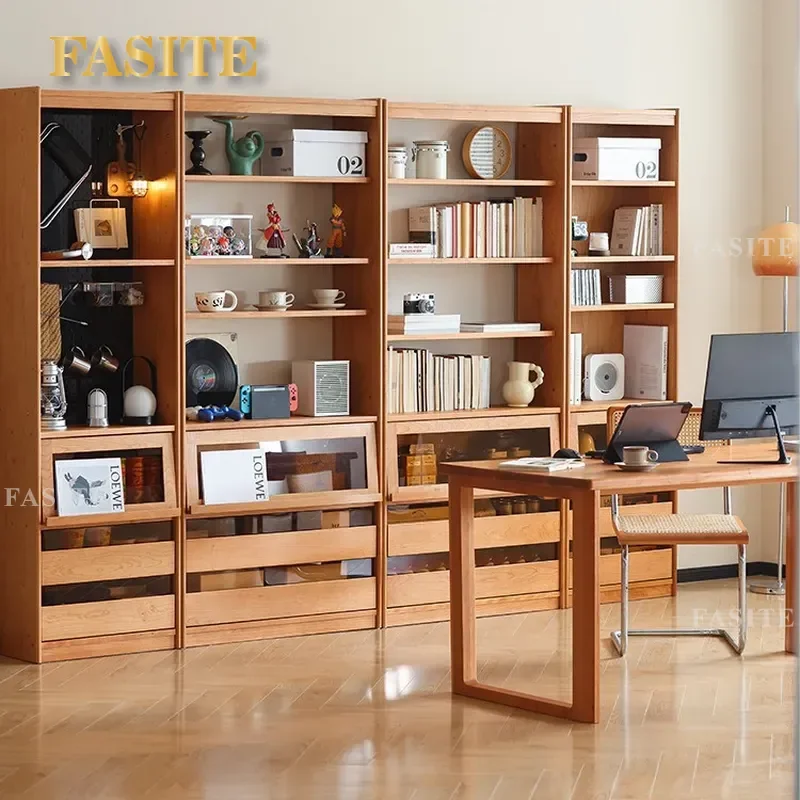 for Solid Wood Cherry Bookcase Japanese Style Living Room Small Apartment Narrow Vertical Cabinet Magazine Locker Floor