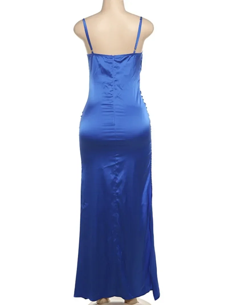 Vestido largo de lujo para mujer, maxivestido Formal sin mangas con abertura alta, pliegues, túnicas, vestidos de cuña de satén, bata de fiesta de noche