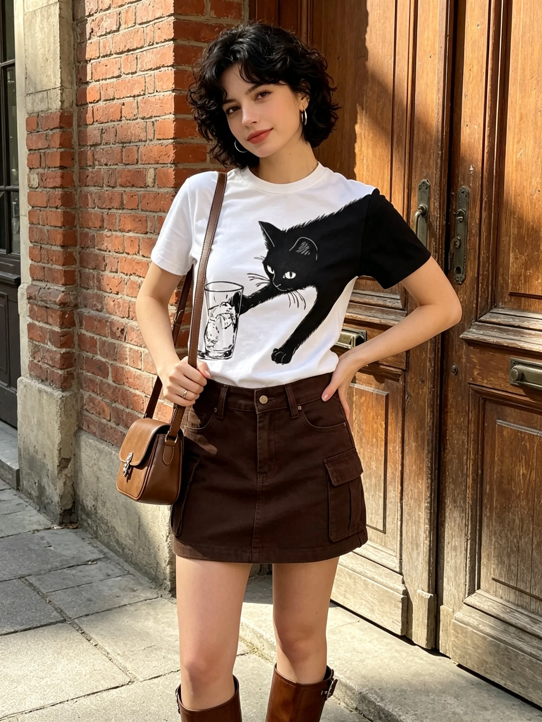 Damen-T-Shirt mit Rundhalsausschnitt und Katzen-Print, lässig, vielseitig, für den täglichen Gebrauch, kurzärmelig, Sommer, Y2K, Vintage, Street, süß, lustig, modisch. – Detail 2