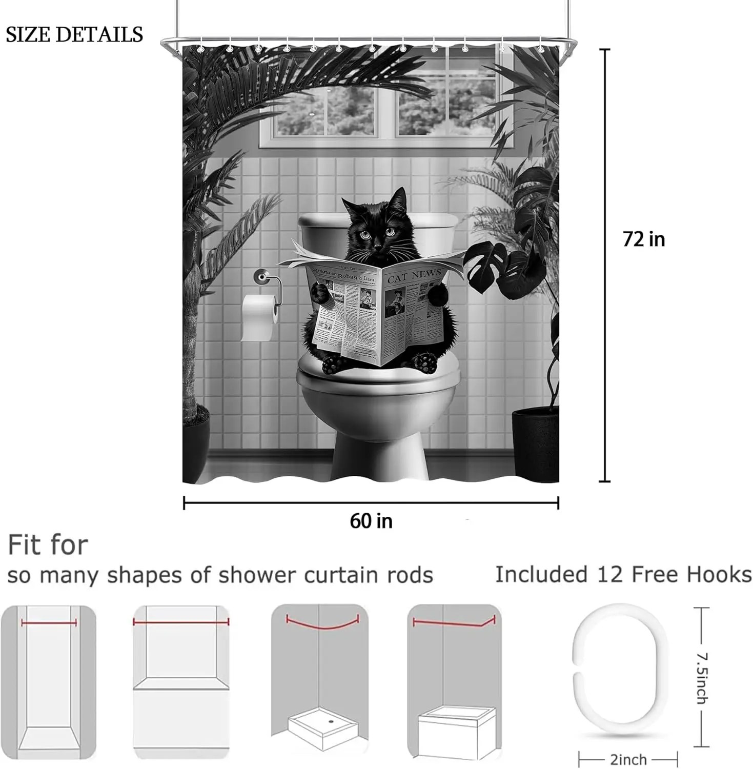 Black and White Funny Cat Shower Curtain Sets for Bathroom Cat Sitting on Toilet Reading Newspaper Fun Shower Curtain Humorous
