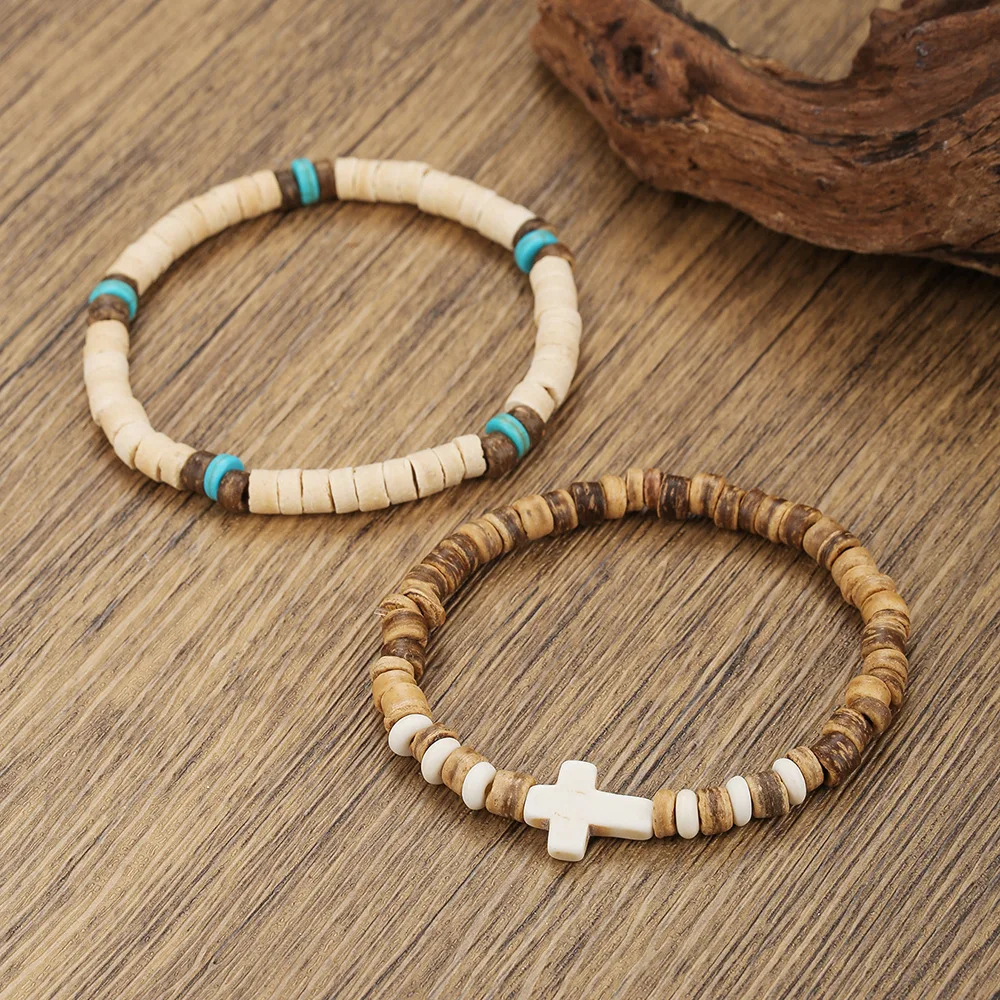 Boho Mehrlagiges Holzperlen-Armband Vintage Kreuz Herren Kokosnuss-Armband Schmuck Modisches Sommer-Accessoire – Detail 3