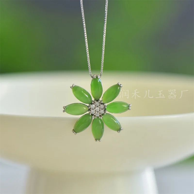 Natural S925 Silver Inlaid With Hetian Jade, Bright Green Marquise Pendant, Ring, And Earrings Three-Piece Set