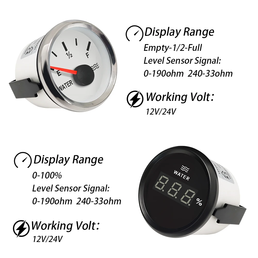 

Популярный морской измеритель уровня воды 52 мм 0-190 Ом 240-33 Ом сигнал с красной подсветкой 9-32 В для автомобиля, лодки, мотоцикла, универсальный