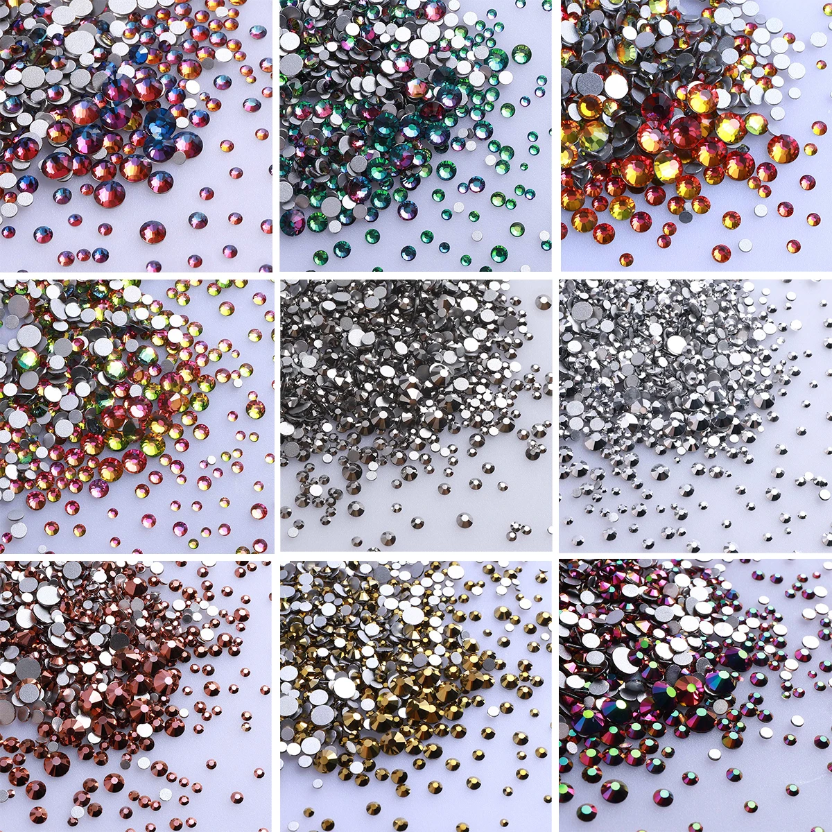 QIIY SS3-SS20 Mix Size Non-Hot Fix Strasssteine Silber FlatBack Glasdekorationen DIY Glitzersteine 3D Nail Art Zubehör