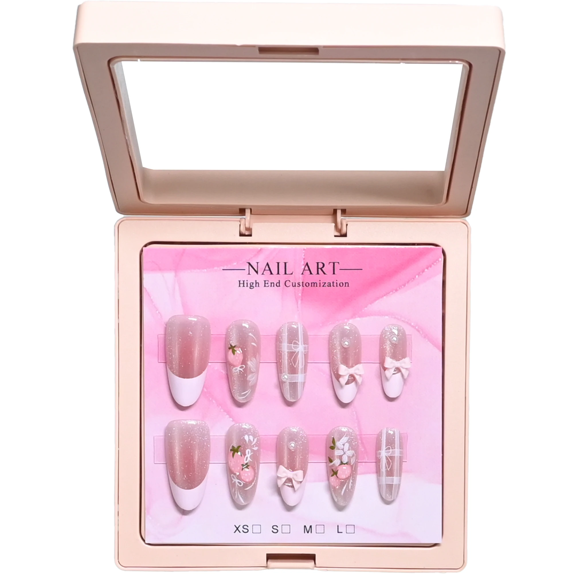 10 handmade almond nails in mirror pink case. Nude glitter base with white French, strawberry print & 3D bows. Reusable, sweet b - view 2