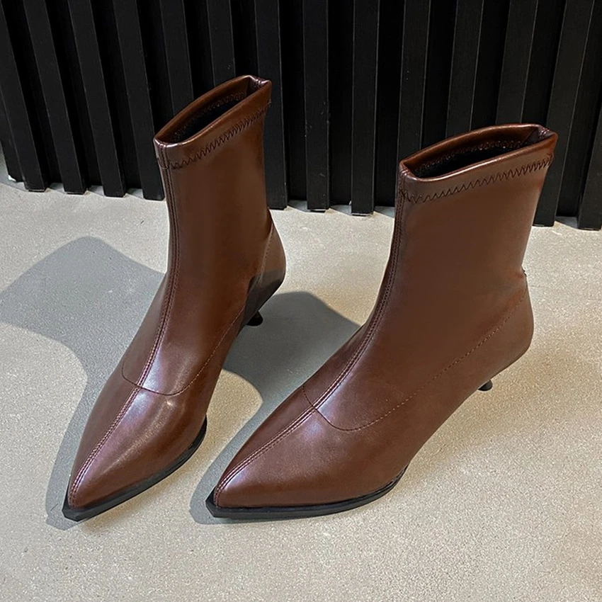Women's round Head Thick Bottom Short Boots 2024 Autumn and Winter New High Heel Black Real Leather Slip-on Fashion Single Boots