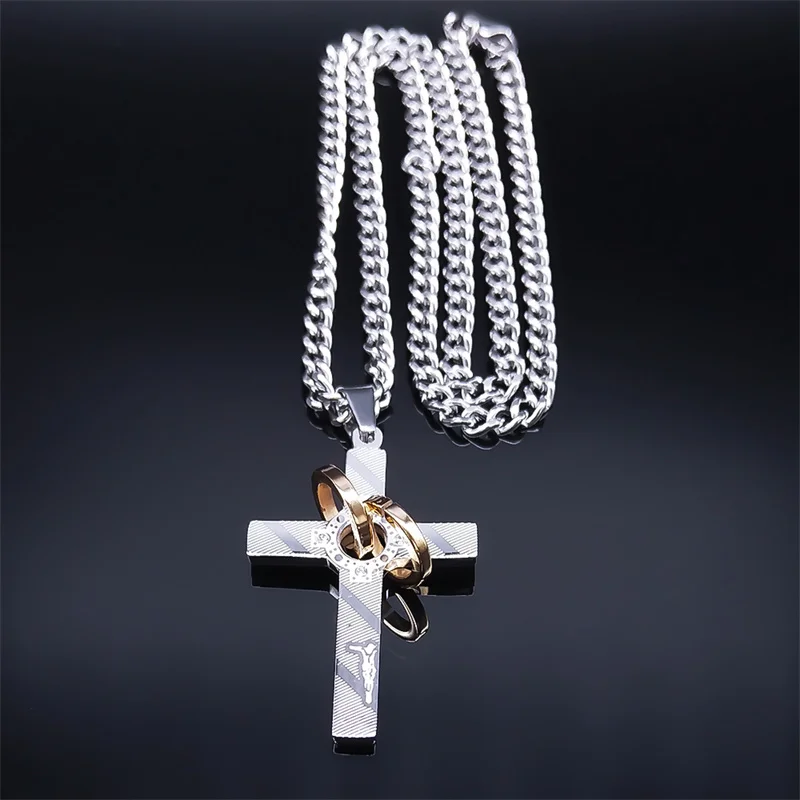 Hip Hop Crystal Cross With Ring Necklaces Stainless Steel Rhinstone Jesus Cuban Chain Crucifix Necklace Jewelry Collar de Cruz