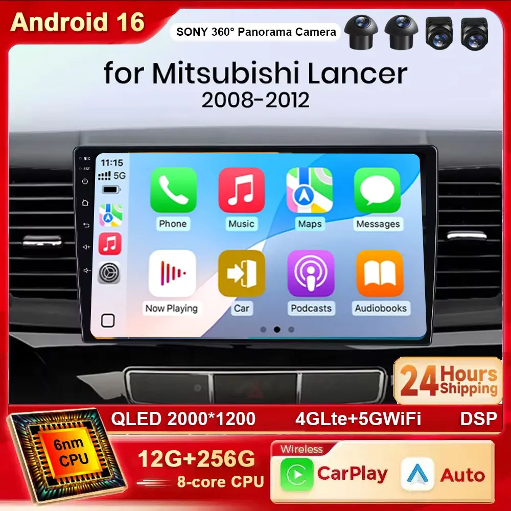 Android 16 Carplay Car Radio for Mitsubishi Lancer 10 CY 2007 - 2012 Multimedia Video Player 2 Din GPS IPS WIFI+4G Stereo DVD