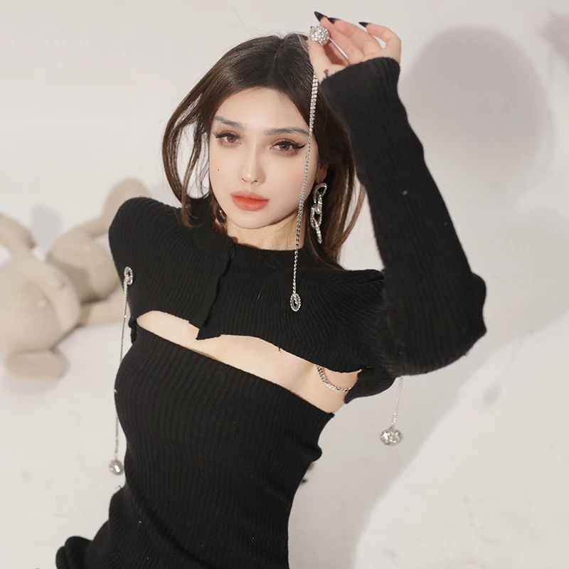 

ChiclyNana Sexy Hollow out Diamond Ball Adjustable Splice Bodycon Dr Polyester Fiber High Waist Long Sve ort Dr