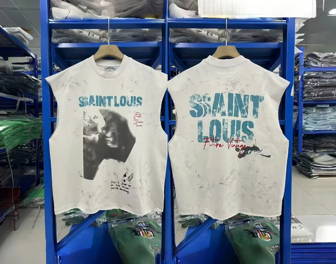 Saint Mens Distressed mouwloos vintage print T-shirt streetwear mode losvallend casual T-shirt