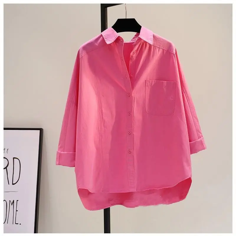 100% Pure Cotton Rose Red Long Sleeved Shirt for Women\'s 2024 Spring Autumn New Single Pocket Loose and Slimming Casual Top