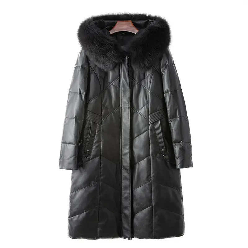 

100% высококачественная овечья кожа с воротником из лисьего меха и капюшоном, кожаный пуховик 2024, пальто из натуральной кожи для женщин