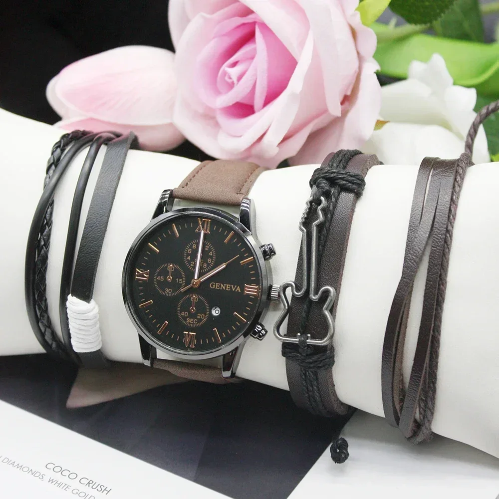 5 шт., простые и стильные многофункциональные кварцевые часы с календарем и браслетом