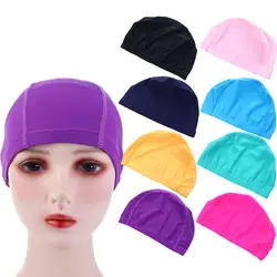 Solid Color Men Women Long Hair Bathing Cap Elastic Nylon Water Sport Protect Ears Pool Swimming Hat Waterproof