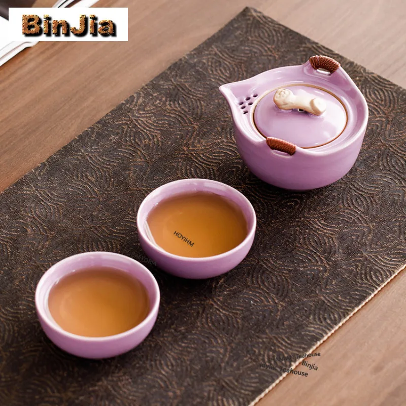 Purple Ru Kiln Ruyi Ceramic Travel Tea Set Kit Creative 1 Pot 2 Cups Tea Brewing Organizer Portable Camping Handbag Tea Items