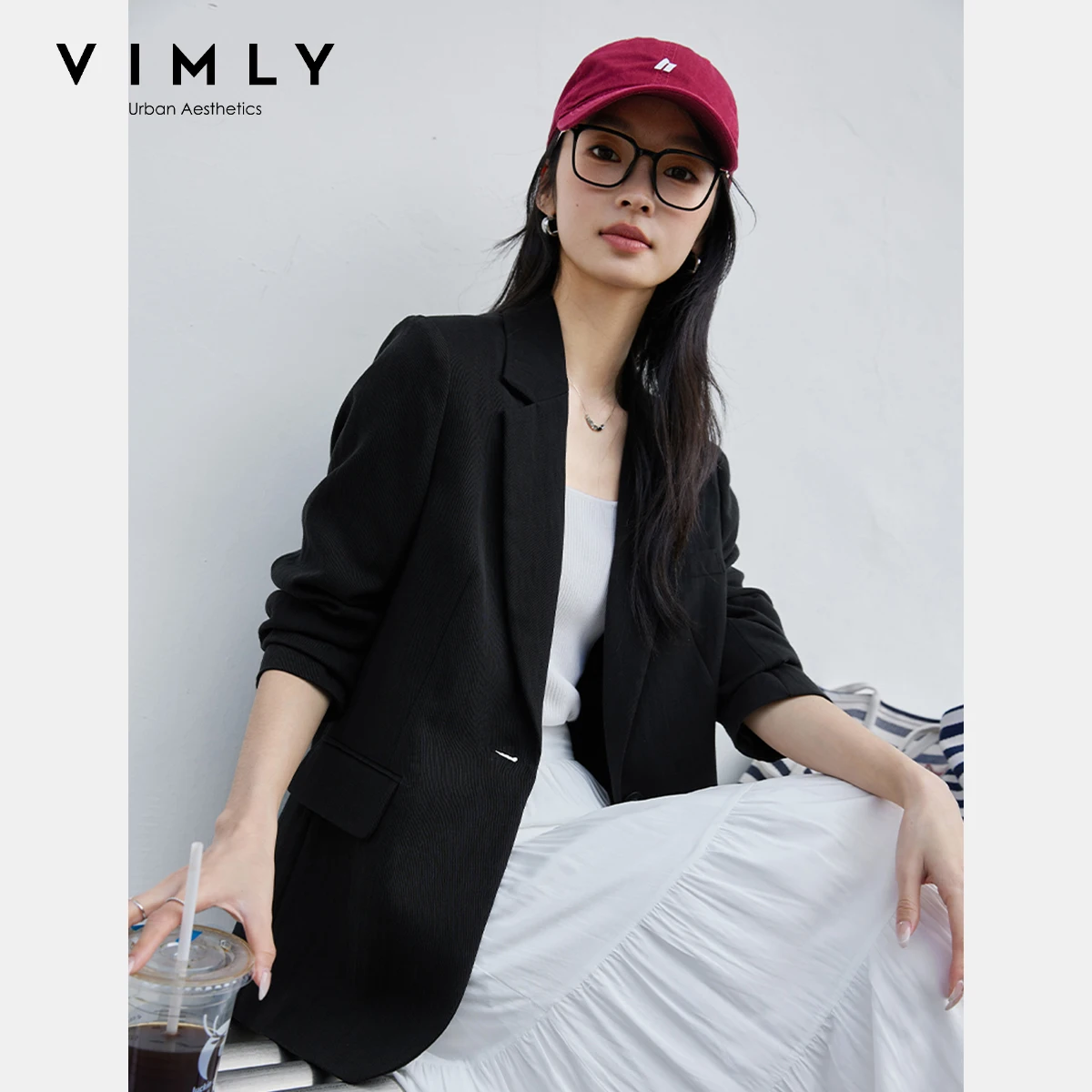 VIMLY المرأة سترة سوداء أنيقة سترة أنيقة تحمل شعار لعبة البيسبول 2025 ربيع الخريف مكتب ارتداء الراقية ملابس خارجية فضفاضة السيدات الملابس A0506