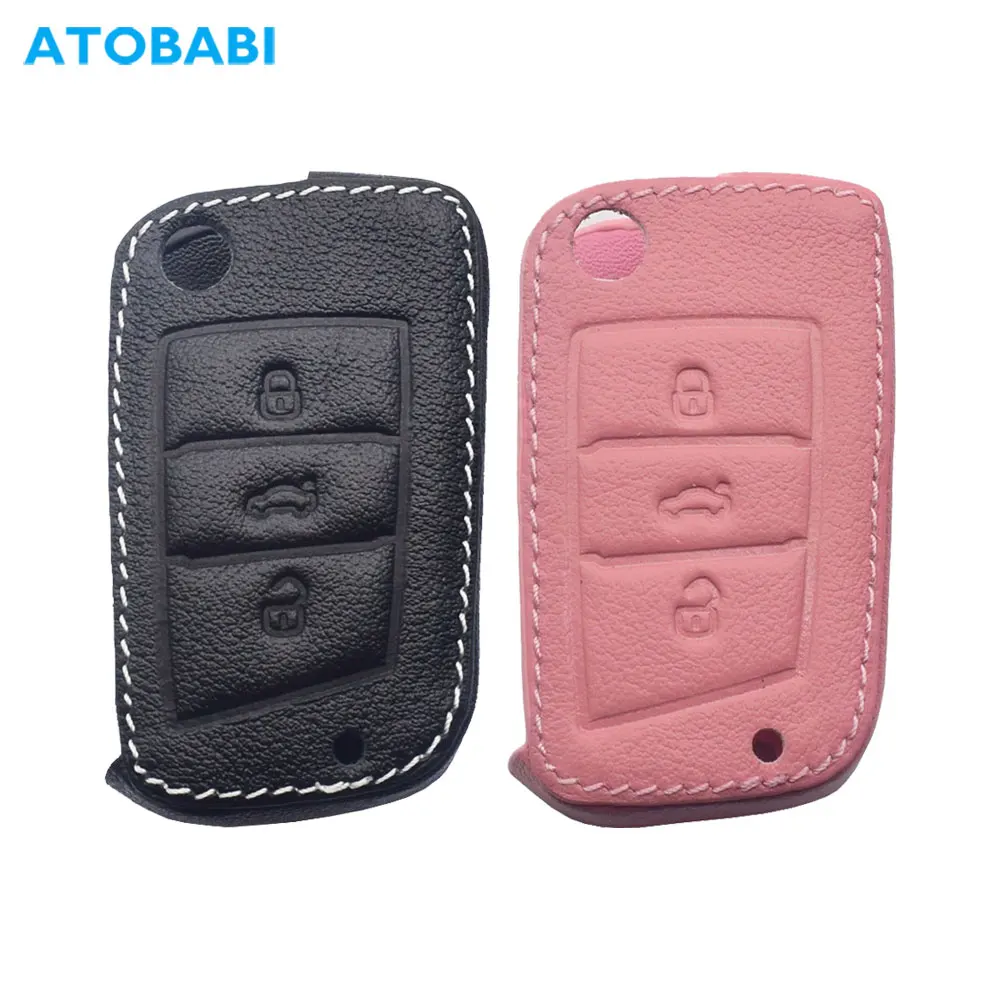 Leather Car Key Case Keychain Holder For VW Volkswagen Golf MK7 CC EOS Tiguan SEAT Leon Arona Skoda Fabia Flip Remote Fob Cover