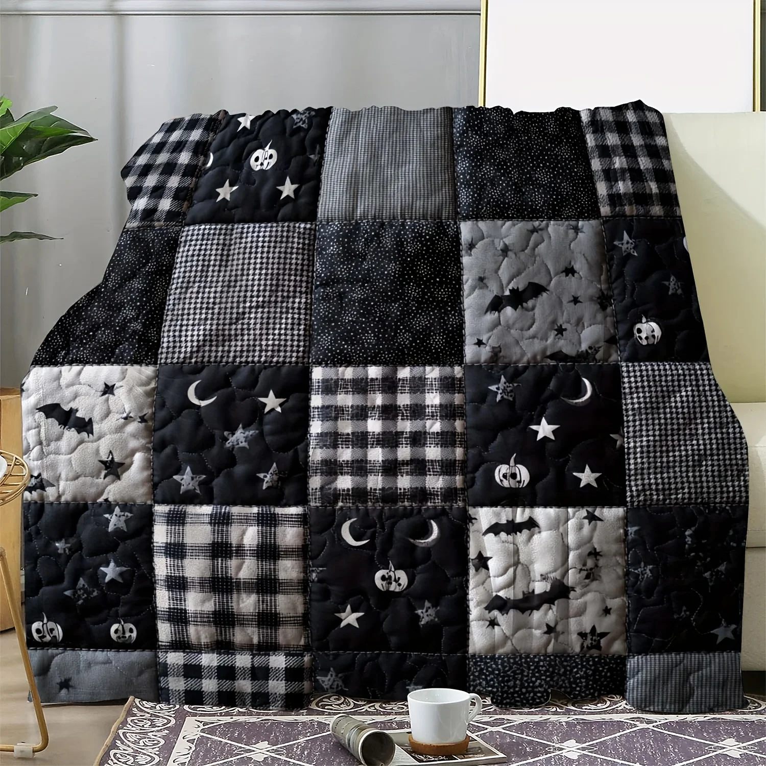 2D Printed 1pc Gothic Black White Plaid Bat Pumpkin Flannel Blanket, Soft Warm All Season Retro Design for Sofa Travel Camping C