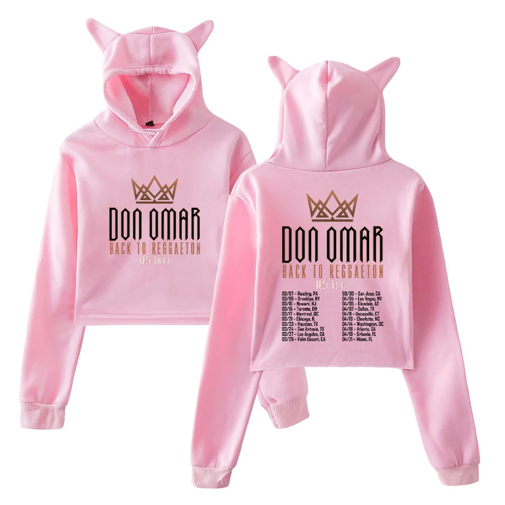 

Don Omar Pullover 2024 Back to Reggaeton Tour Merch Female Cat Ears Hoodie Long Sleeve Fashion Crop Top Women's Clothes