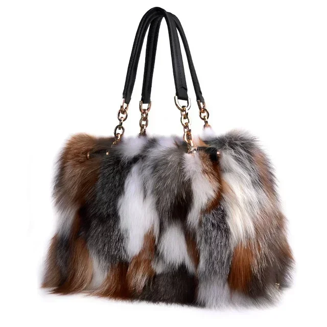 Luxury Real Fox Fur Women Tote Bag Shoulder Bag Winter Evening Party Bag Ladies Purses and HandBags