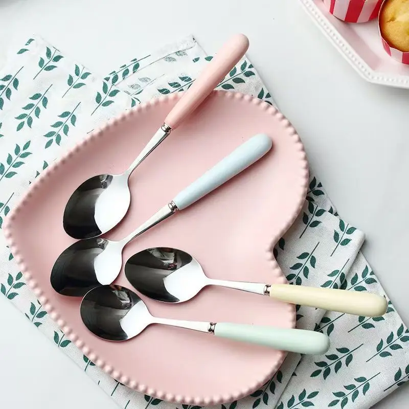 Macaron Color Ceramic Handle Stainless Steel Forks Spoons Set, Cute Dessert Spoon Tableware Kitchen Tool Tableware Tableware