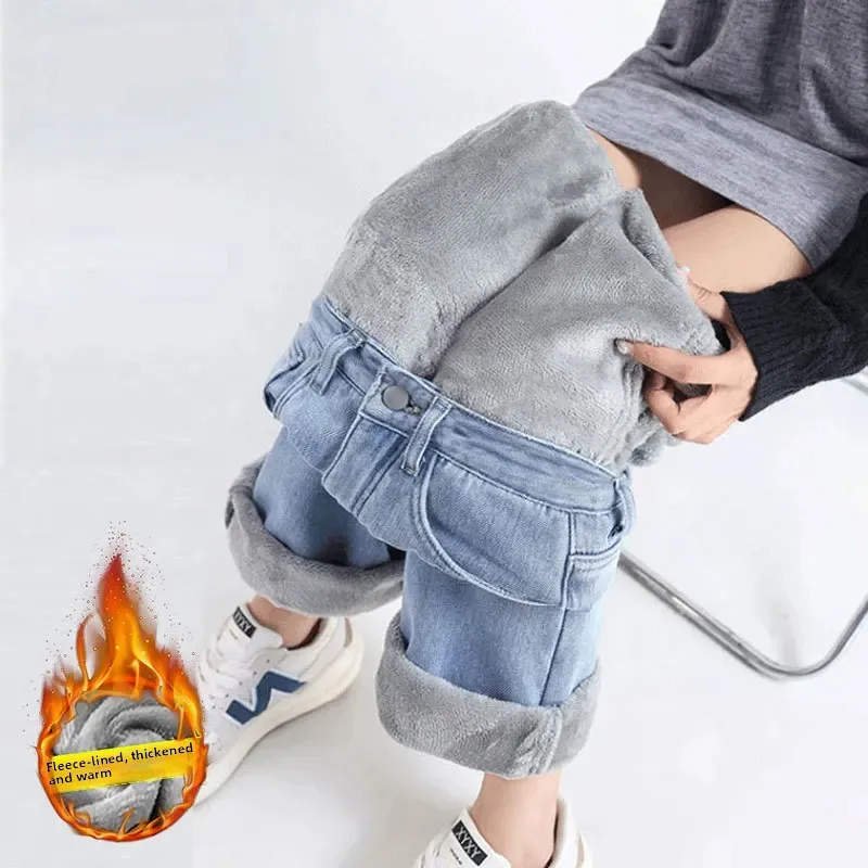 

Women's High Waist Fleece Lined Wide Leg Jeans Thick Straight Cut Winter Warm Trousers Outerwear Loose Fit Floor Length