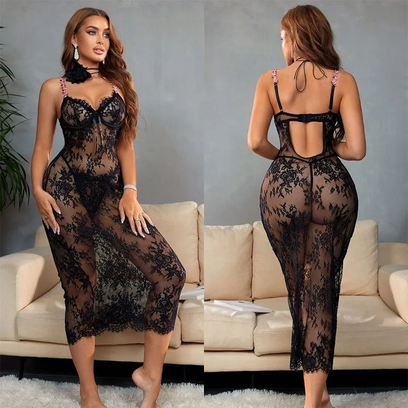 Summer Sexy European and American Large Size Mesh Lace Suspender Dress Big Halter Pajamas Women